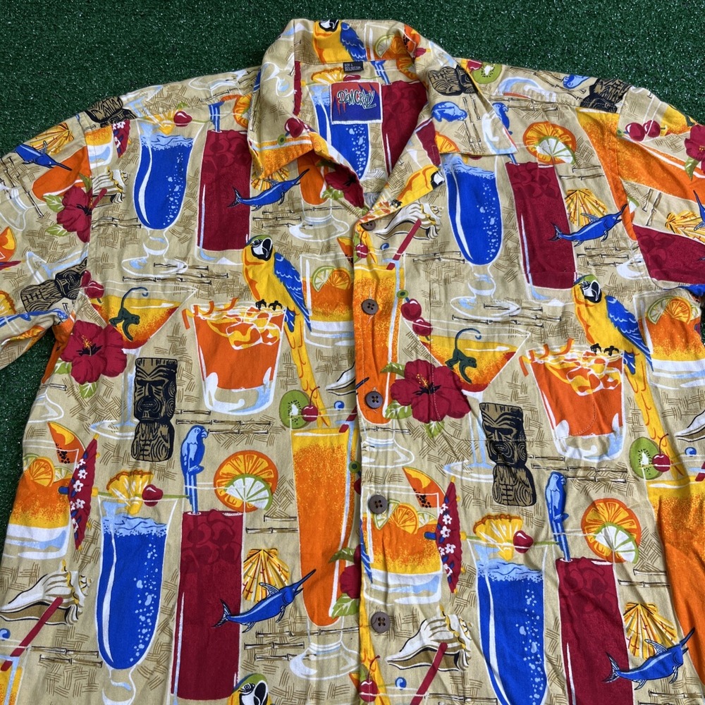 Dem Crazy Hawaiian Shirt Men's Large Cocktails Parrots Tiki Marlin Mix‎ Drinks